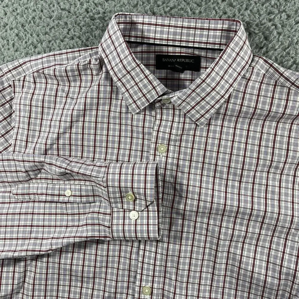 Banana Republic Shirt Mens Large Red Blue Non Iron Slim Fit Long Sleeve Button